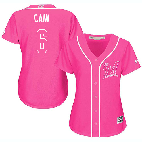 Brewers #6 Lorenzo Cain Pink Fashion Women's Stitched MLB Jersey